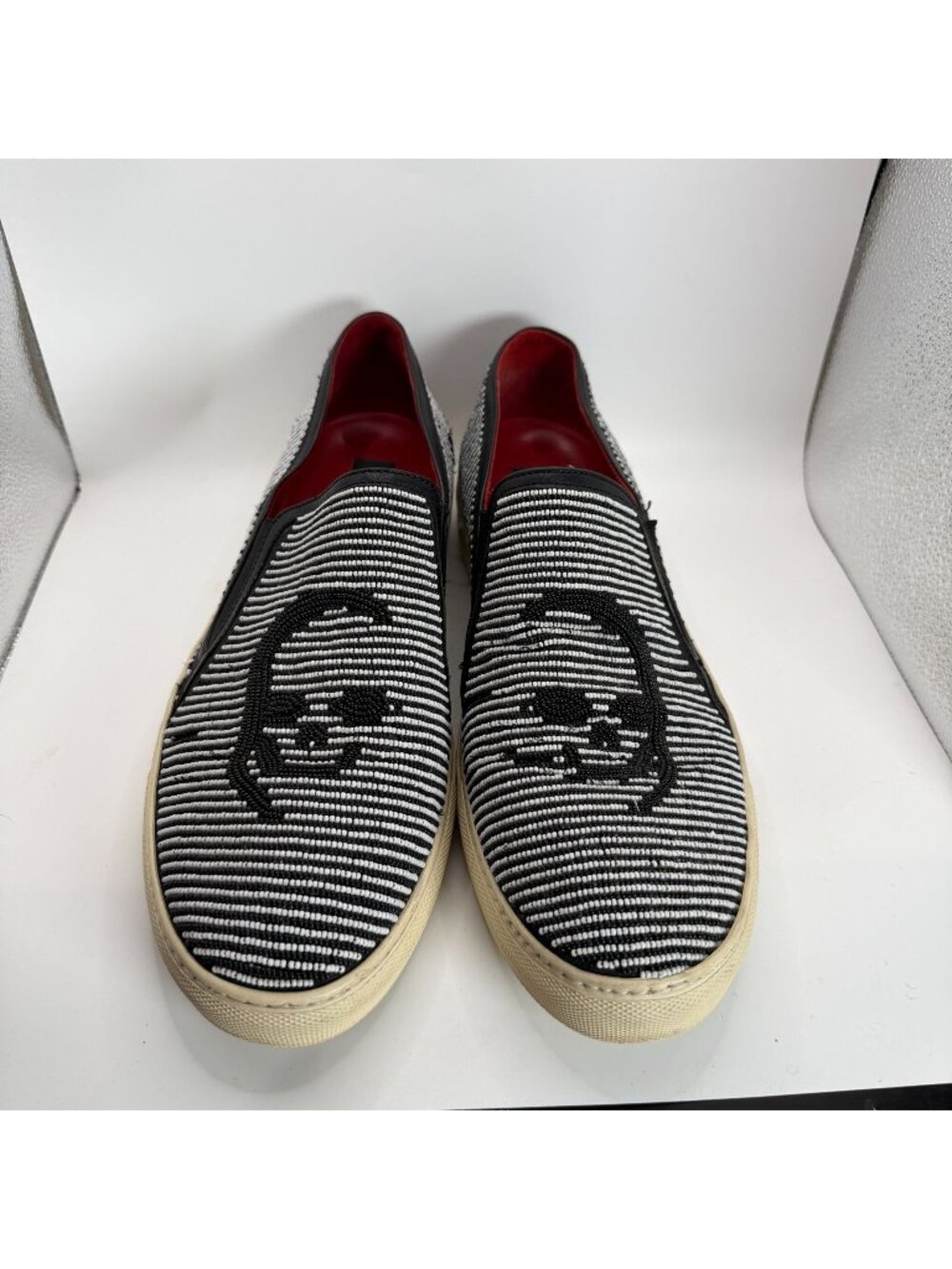 Donald J Pliner Mens Black White Skull Design Beaded Slip-On Shoes Size 13 Italy